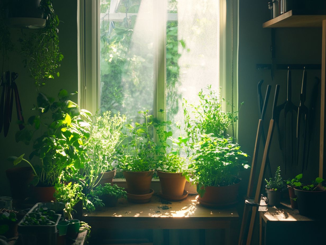 A bright indoor garden with winter crops thriving under grow lights.