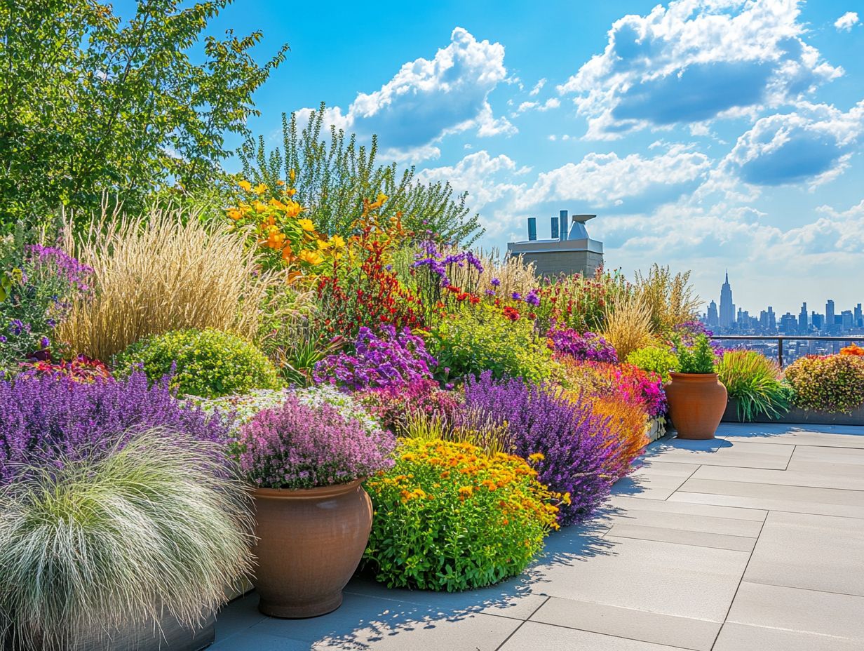 A vibrant cold-climate rooftop garden featuring edible plants like kale and Swiss chard.