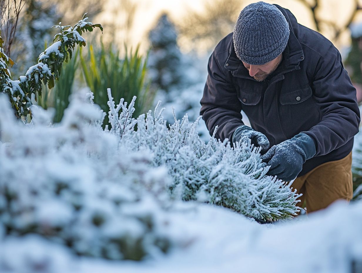 A gardener caring for plants during winter