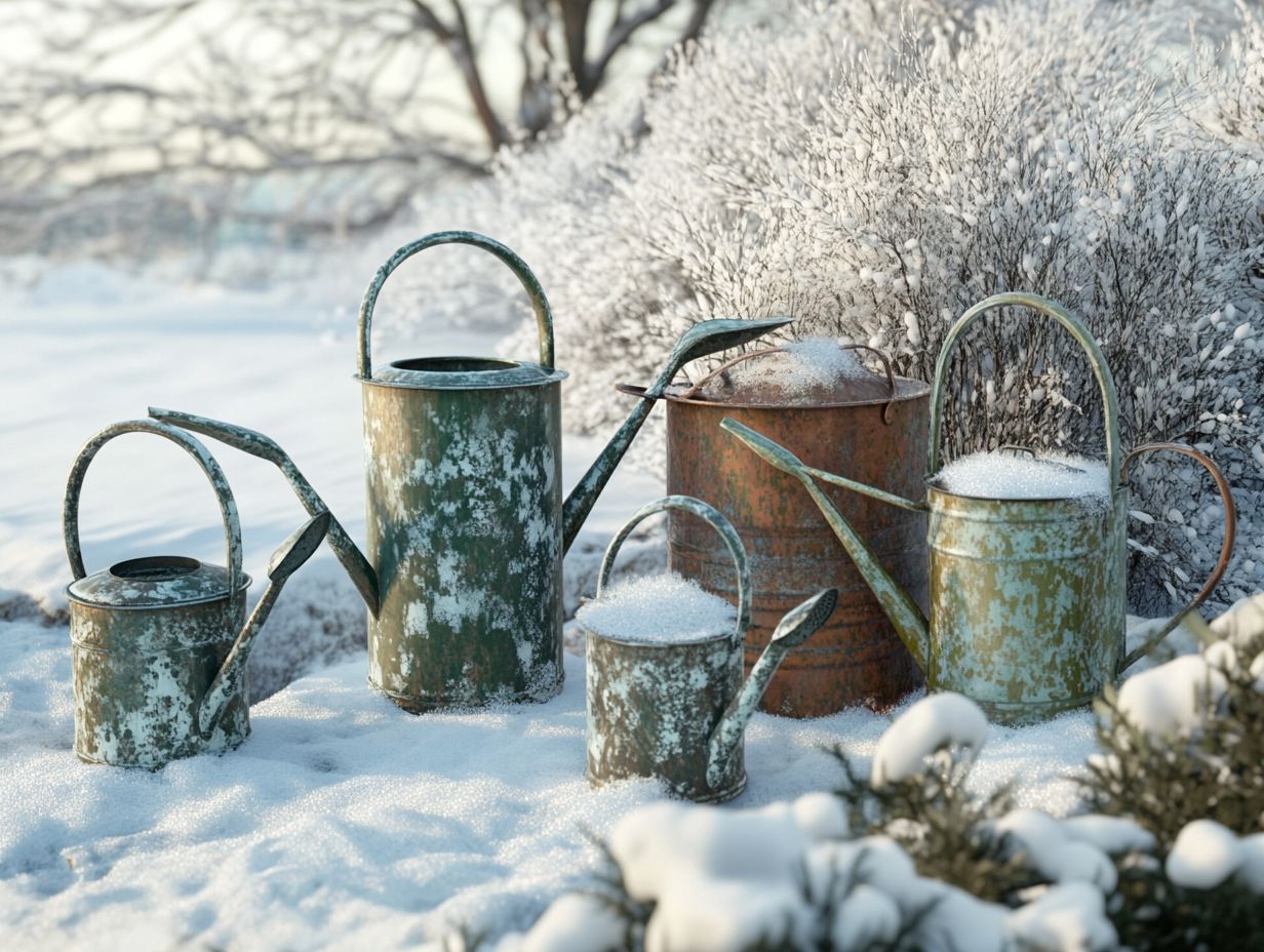 A collection of watering cans suited for cold garden conditions.