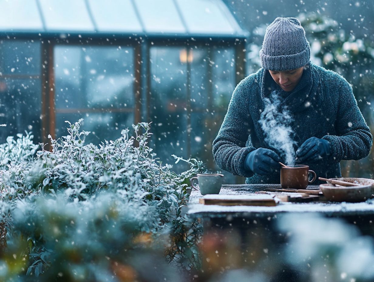 Gardener inspecting plants for pests in winter