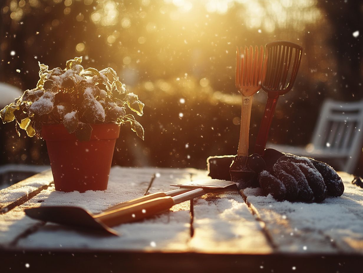 A gardener preparing their garden for winter with essential tools