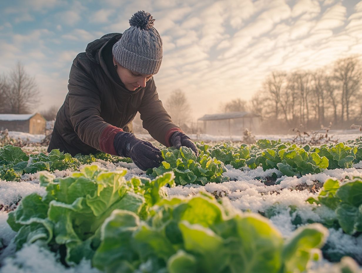 A gardener protecting lettuce from frost in winter