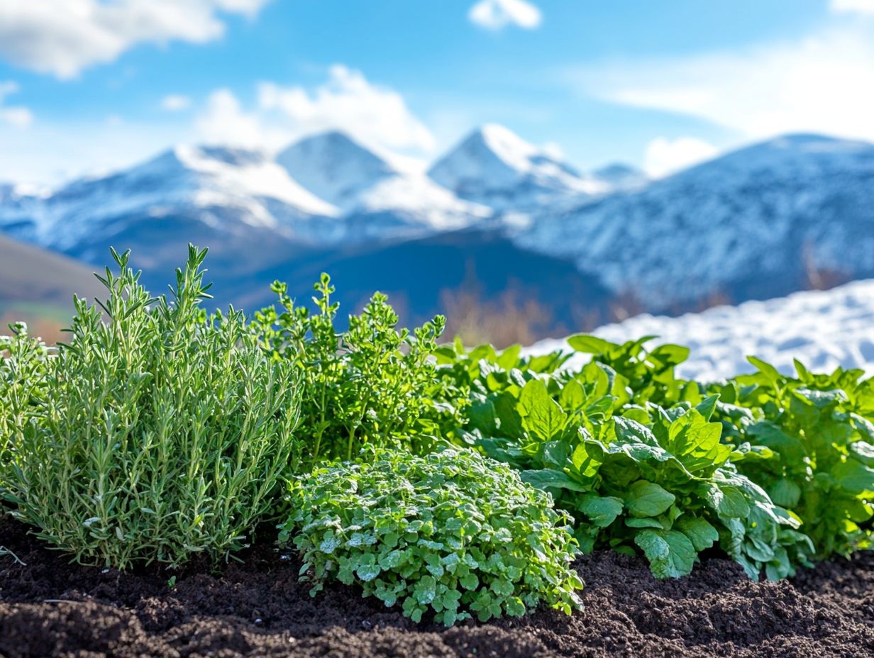 Illustration of cold-hardy herbs growing in a winter garden