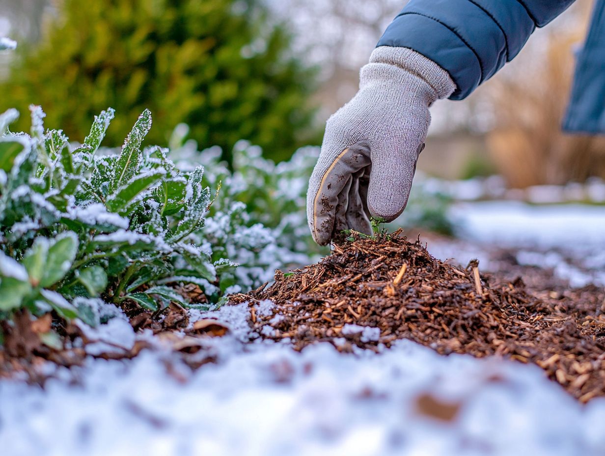 A gardener pruning perennial plants and applying mulch