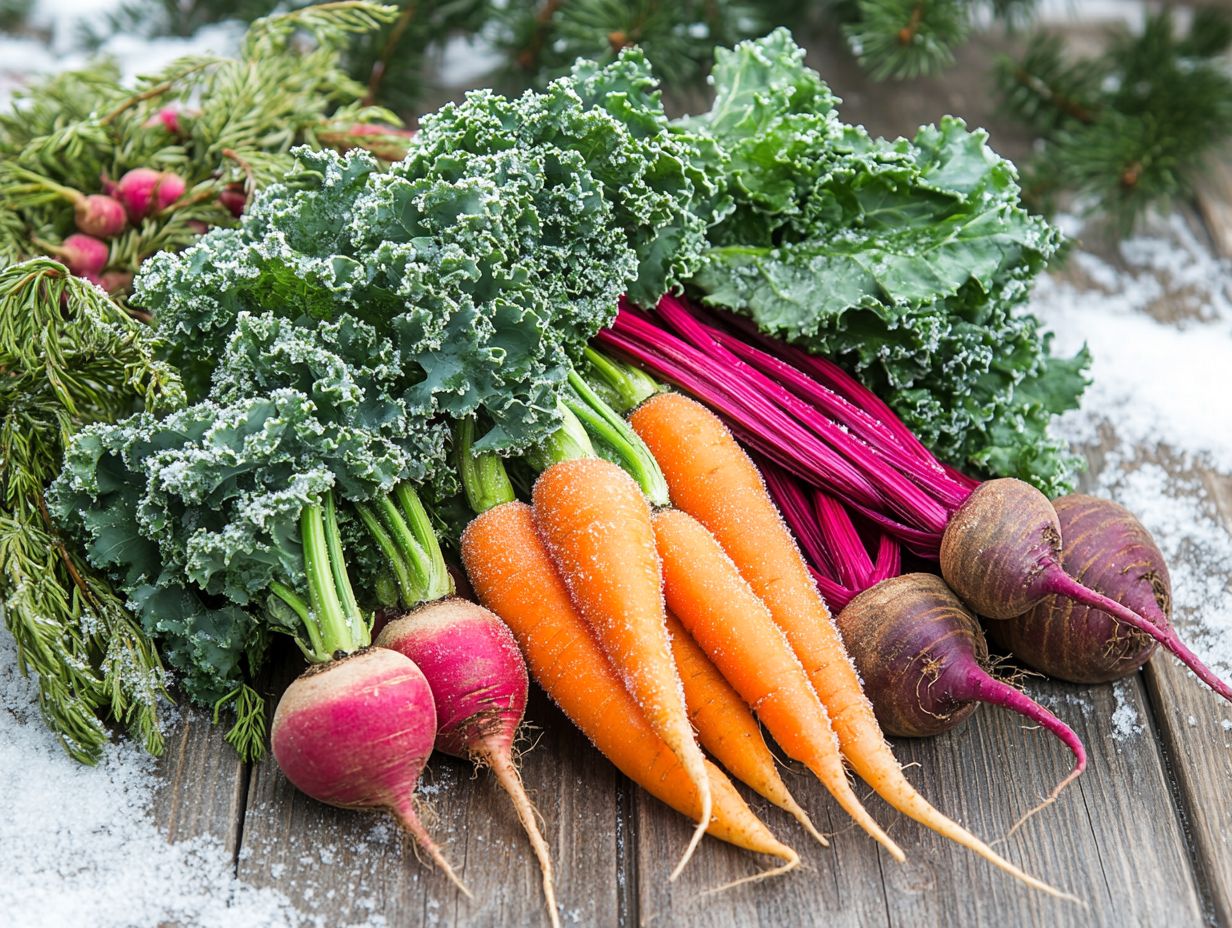 Colorful winter vegetables arranged on a table showcasing their variety and vibrancy