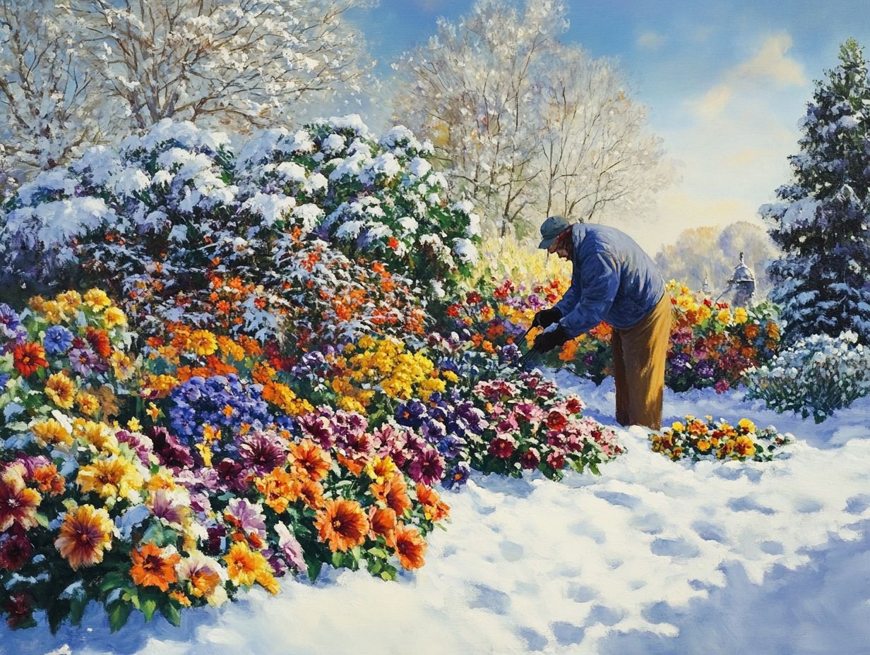 An assortment of vibrant winter flowers in a garden.