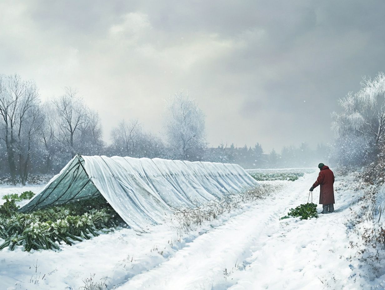 A protective tarp shielding crops from heavy snow, ensuring their safety during winter.