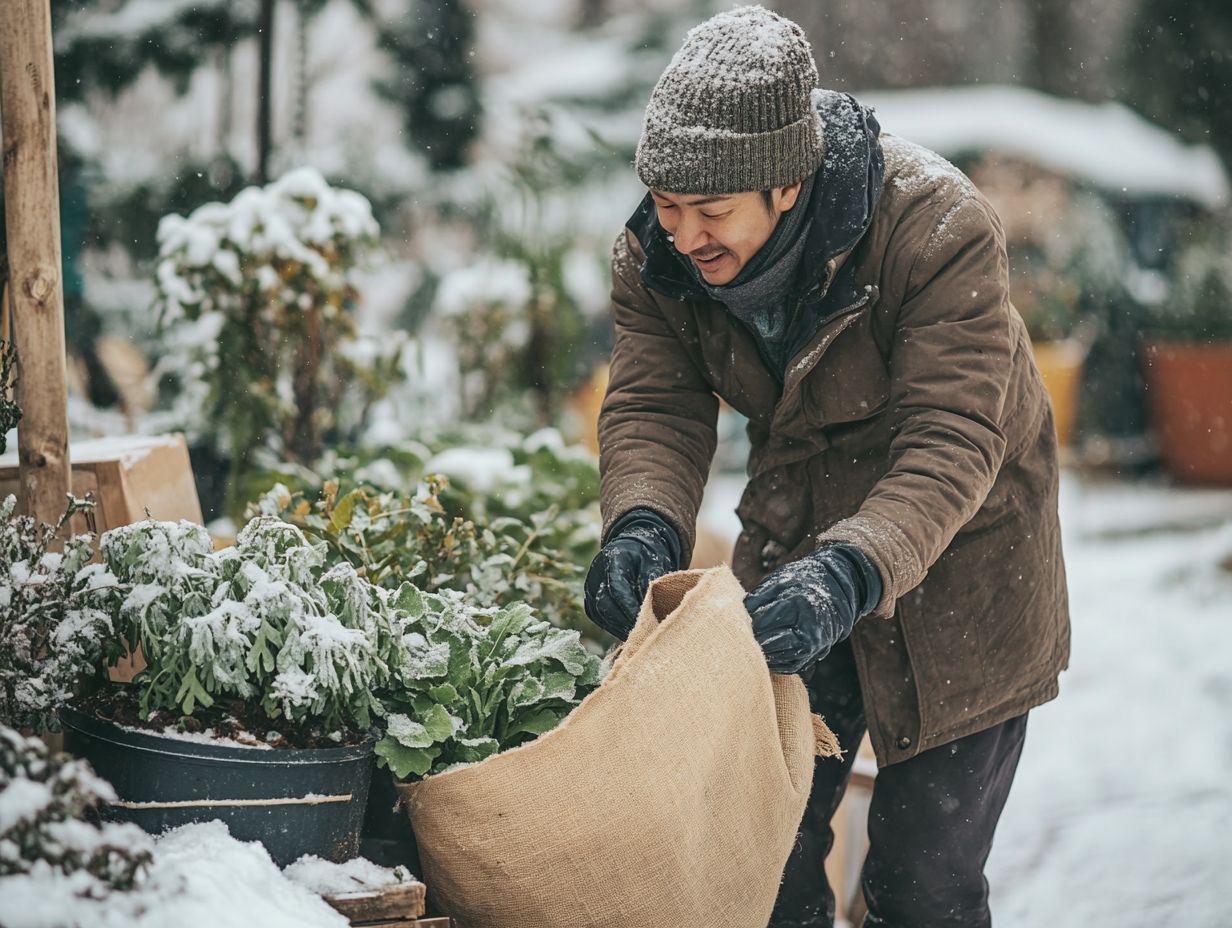 A gardener covering plants with a frost blanket to protect them from cold weather.