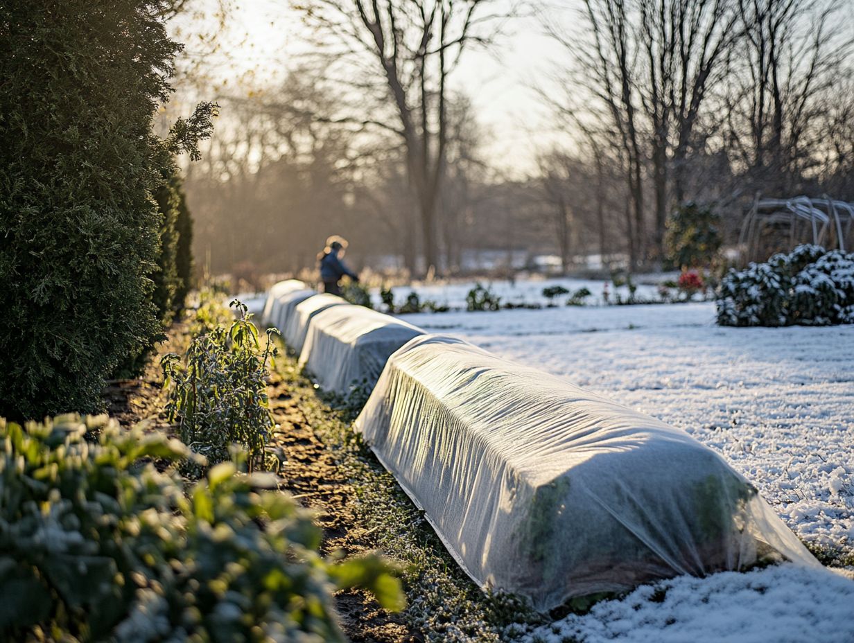 Gardener using floating row covers to protect plants from frost.