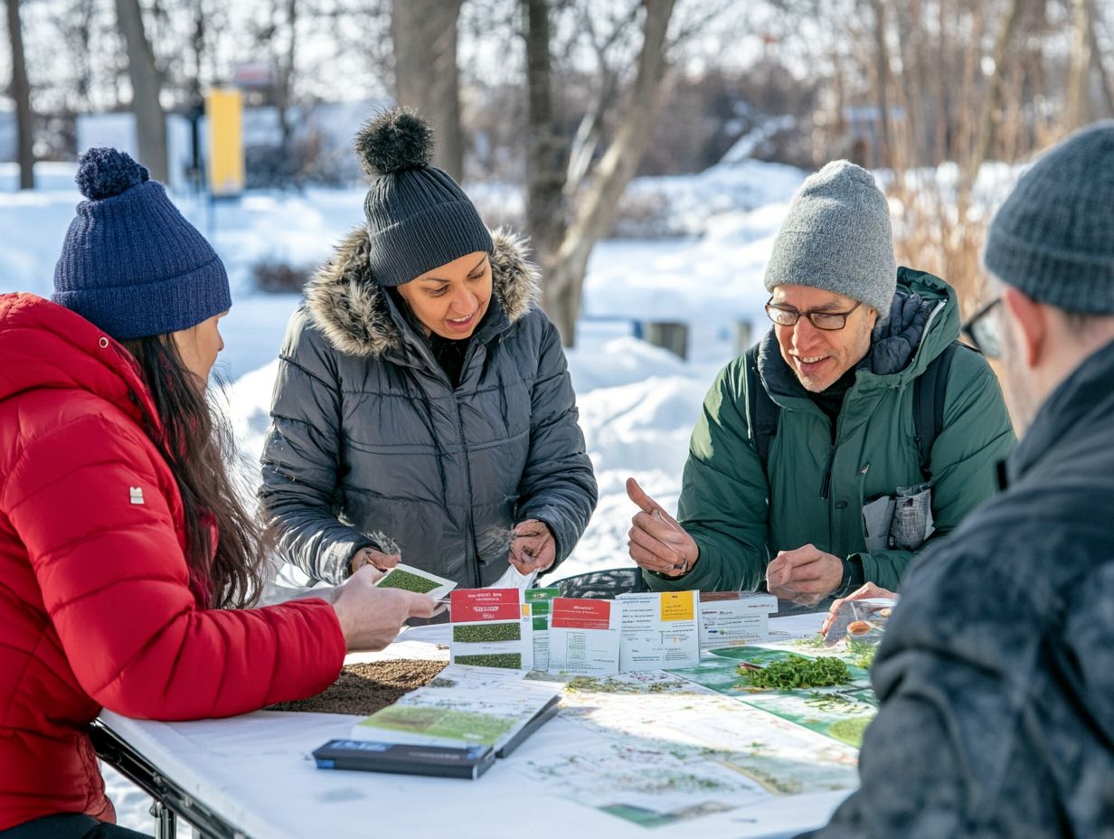 A community garden in a cold climate with various plants.