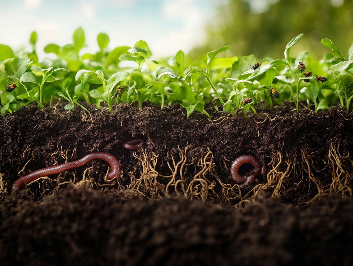 Illustration showing the benefits of healthy soil in enhancing plant health and resilience against pests.