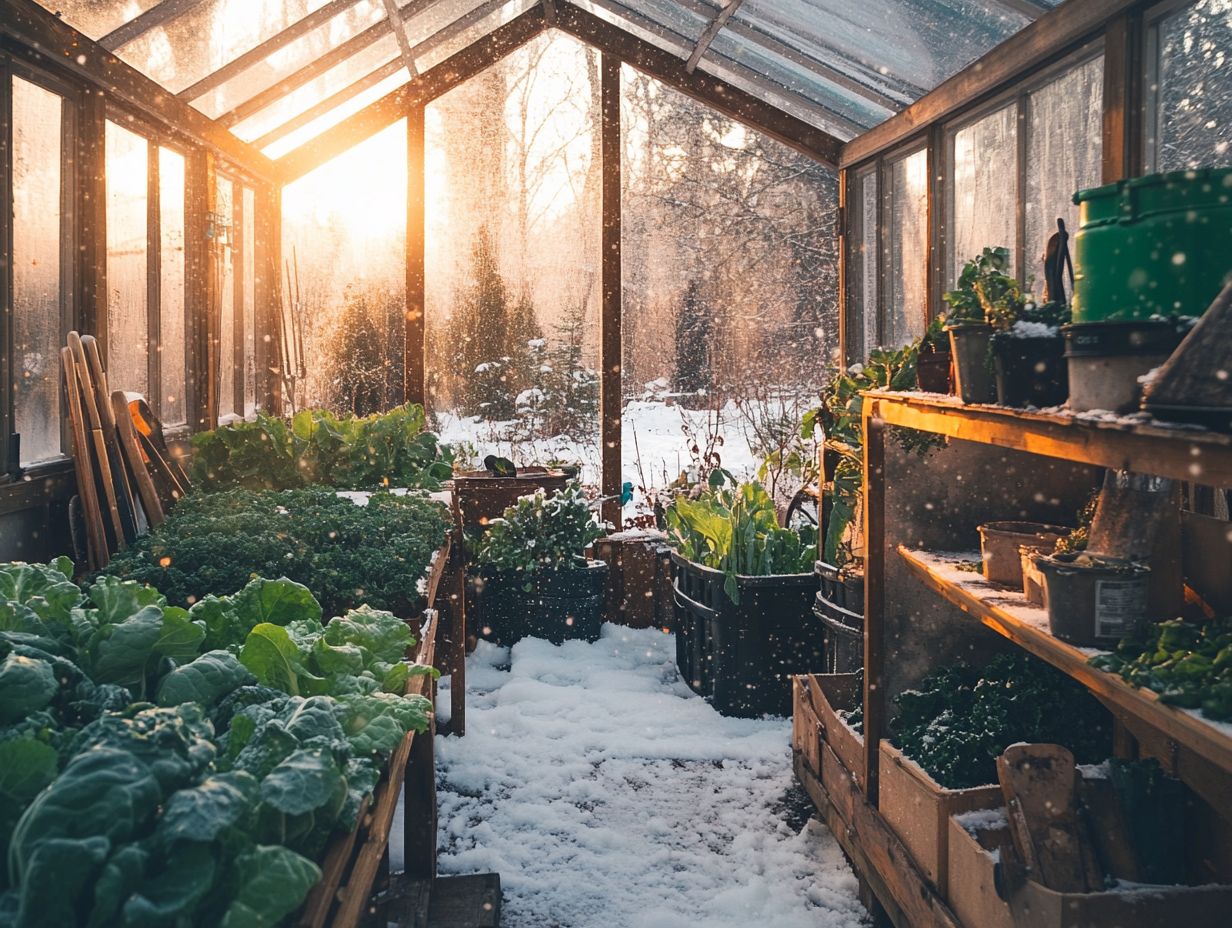 A variety of cold-tolerant plants thriving in a winter greenhouse