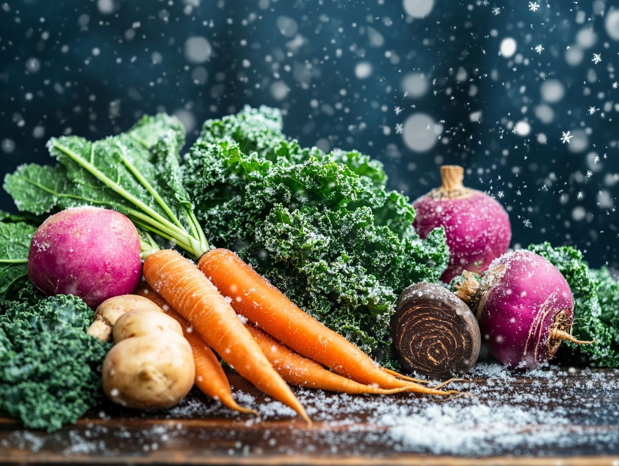 Top 10 winter vegetables for cold climates displayed in a colorful array.