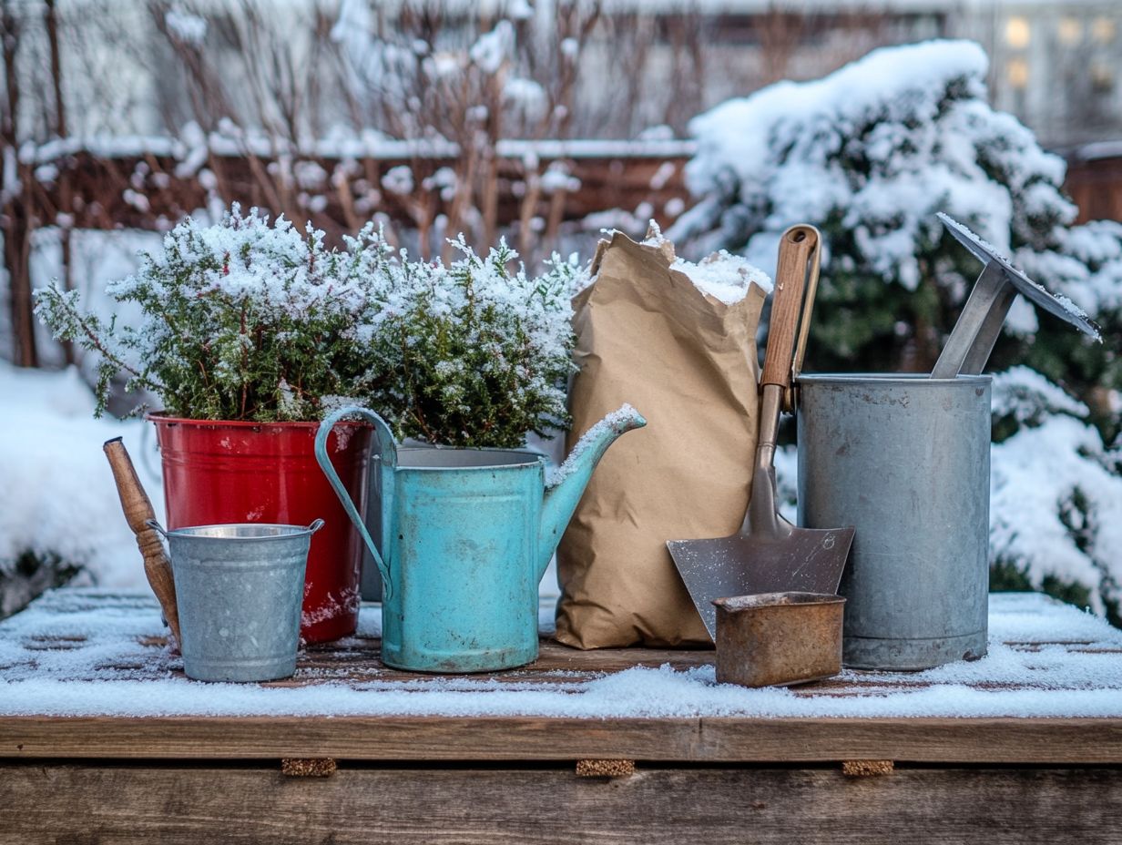 A gardener using a hand trowel in a snowy garden.