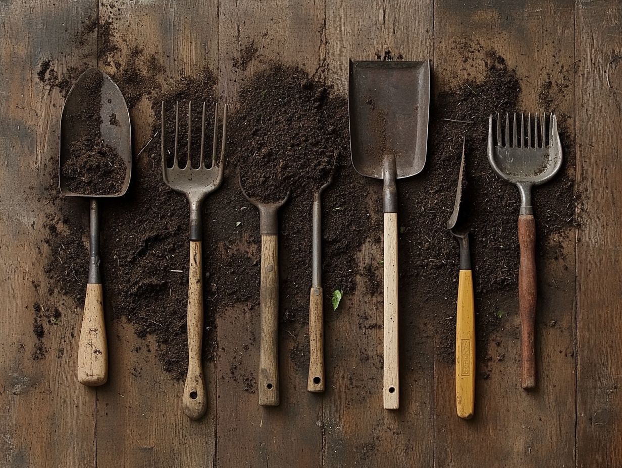 Image showing the top 7 tools for soil preparation including shovel, rake, hoe, garden fork, spade, trowel, and Cormidi wheelbarrows.