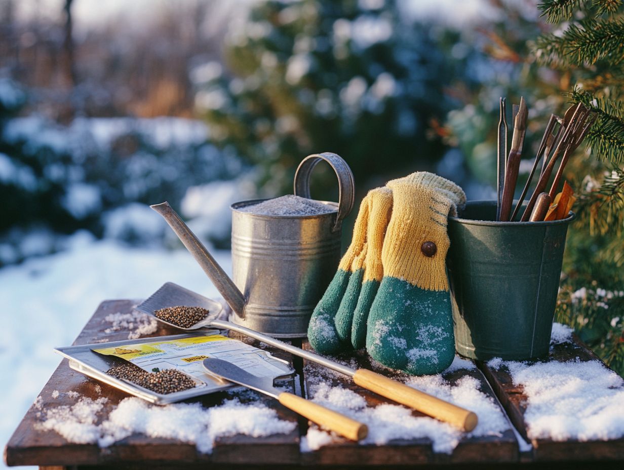 Illustration of winter gardening tools and techniques.